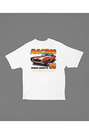 Racing 80 Speed Addicts Baskılı Unisex Tişört, Oversize Araba Tişört