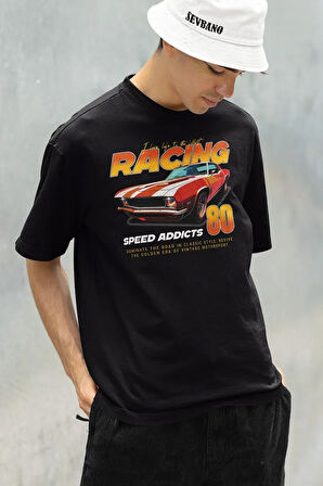 Racing 80 Speed Addicts Baskılı Unisex Tişört, Oversize Araba Tişört
