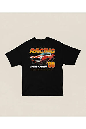 Racing 80 Speed Addicts Baskılı Unisex Tişört, Oversize Araba Tişört