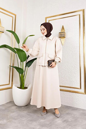 Kadın 2Li Cep Taş Detaylı Ceket Etek Sucuba Takım