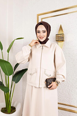 Kadın 2Li Cep Taş Detaylı Ceket Etek Sucuba Takım