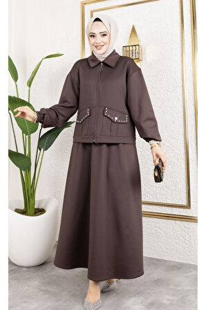 Kadın 2Li Cep Taş Detaylı Ceket Etek Sucuba Takım