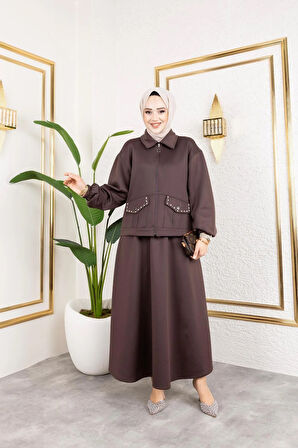 Kadın 2Li Cep Taş Detaylı Ceket Etek Sucuba Takım