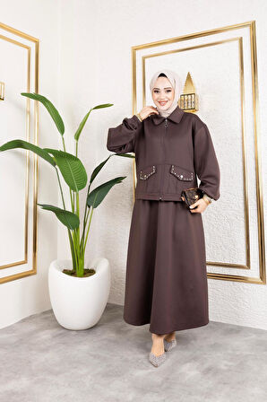 Kadın 2Li Cep Taş Detaylı Ceket Etek Sucuba Takım