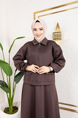 Kadın 2Li Cep Taş Detaylı Ceket Etek Sucuba Takım