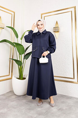 Kadın 2Li Cep Taş Detaylı Ceket Etek Sucuba Takım