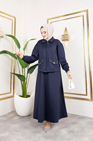 Kadın 2Li Cep Taş Detaylı Ceket Etek Sucuba Takım