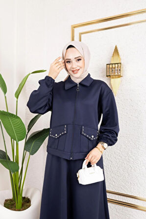 Kadın 2Li Cep Taş Detaylı Ceket Etek Sucuba Takım