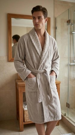 İpekçe Home Unisex Jakarlı %100 Pamuk Bornoz Takımı Koyu Bej 3'lü Set