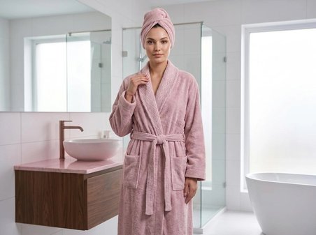 İpekçe Home Jakarlı Bornoz Takımı 3'lü Set %100 Pamuklu Pembe