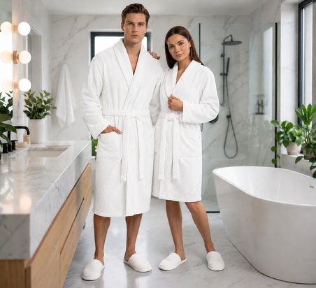 İpekçe Home Jakar Yakalı Unisex Bornoz Takımı %100 Pamuk 3 Parça Set Beyaz