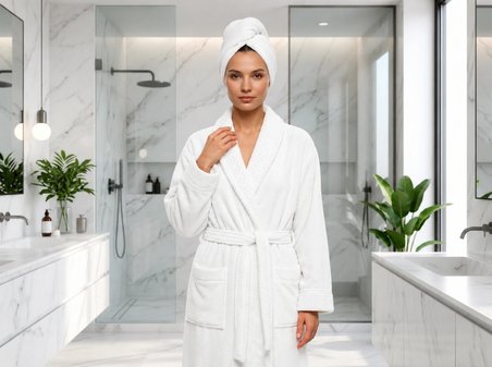 İpekçe Home Jakar Yakalı Unisex Bornoz Takımı %100 Pamuk 3 Parça Set Beyaz