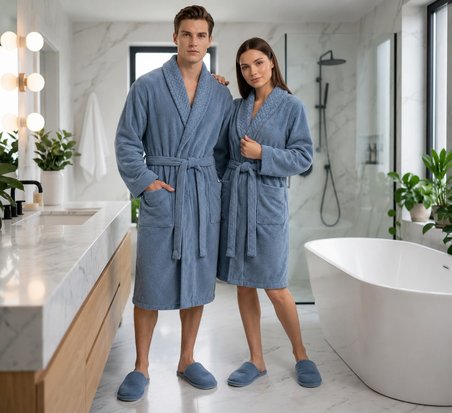 Unisex Jakar Yakalı %100 Pamuk Bornoz Seti – Mavi