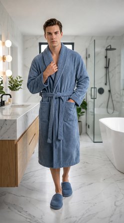 Unisex Jakar Yakalı %100 Pamuk Bornoz Seti – Mavi