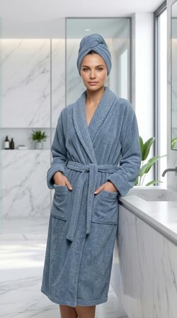Unisex Jakar Yakalı %100 Pamuk Bornoz Seti – Mavi