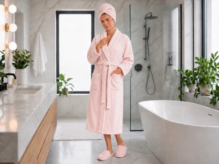 İpekçe Home Jakar Yakalı Kadın Bornoz Takımı Pudra %100 Pamuk 3'lü Set