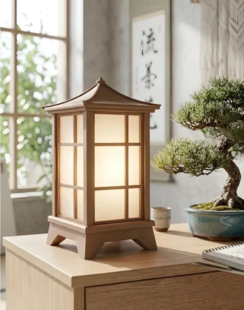 Modern Japon Feneri Masa Lambası - E14 Duy - Dekoratif Abajur - Salon Yatak Odası - 3d Tasarım Kahverengi - Beyaz 