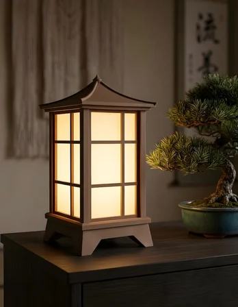 Modern Japon Feneri Masa Lambası - E14 Duy - Dekoratif Abajur - Salon Yatak Odası - 3d Tasarım Kahverengi - Beyaz 