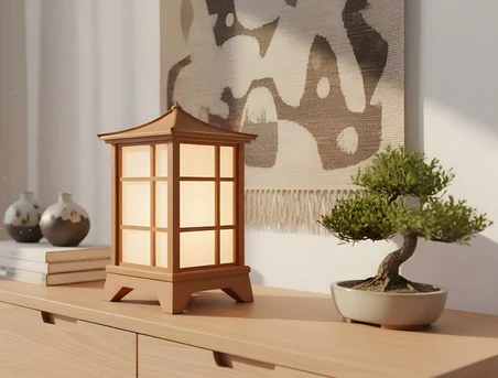 Modern Japon Feneri Masa Lambası - E14 Duy - Dekoratif Abajur - Salon Yatak Odası - 3d Tasarım Kahverengi - Beyaz 