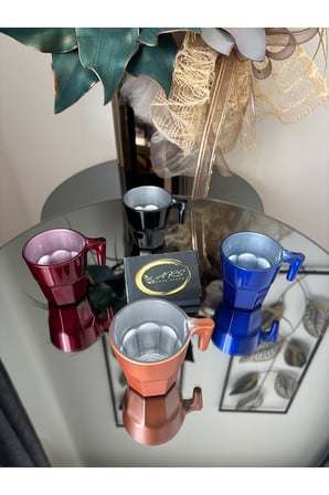 Paşabahçe Espresso 4'lü kahve bardağı fincan takımı renkli cam özel tasarım kulplu bardak sunumluk