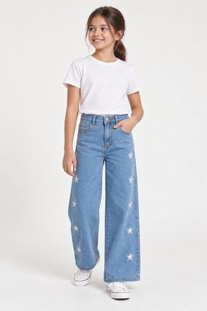 Kız Çocuk Yıldız Nakışlı Bol Paça Jean Pantolon – Açık Mavi Yüksek Bel Denim