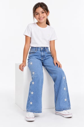 Kız Çocuk Yıldız Nakışlı Bol Paça Jean Pantolon – Açık Mavi Yüksek Bel Denim