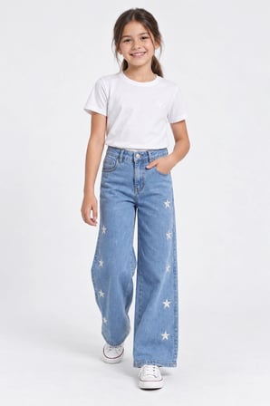 Kız Çocuk Yıldız Nakışlı Bol Paça Jean Pantolon – Açık Mavi Yüksek Bel Denim