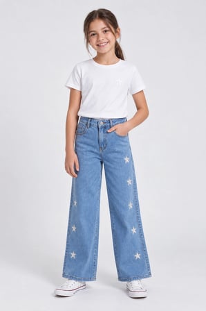 Kız Çocuk Yıldız Nakışlı Bol Paça Jean Pantolon – Açık Mavi Yüksek Bel Denim
