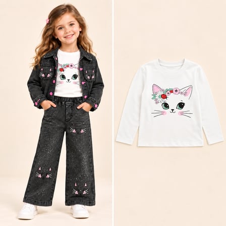 Kız Çocuk Kedi İşlemeli Siyah Kot 3’lü Takım | Ceket, Baskılı Tişört ve Geniş Paça Pantolon