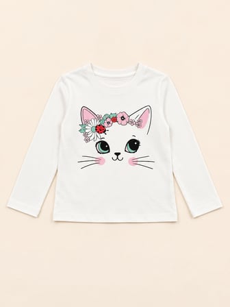 Kız Çocuk Kedi İşlemeli Gri Kot 3’lü Takım | Ceket, Baskılı Uzun Kollu Tişört ve Geniş Paça Pantolon