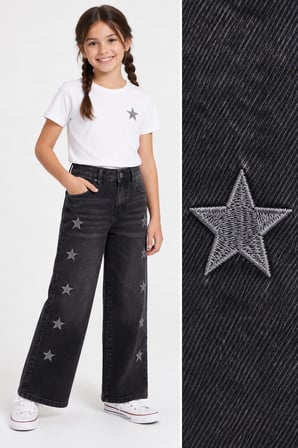 Kız Çocuk Yıldız Nakışlı Füme Jean Pantolon – Bol Paça Yüksek Bel Kot