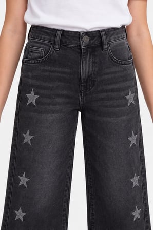 Kız Çocuk Yıldız Nakışlı Füme Jean Pantolon – Bol Paça Yüksek Bel Kot