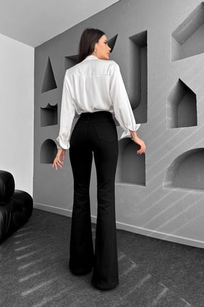 Trend Jean Yüksek Bel Ispanyol Paça Siyah Jeans Kot Pantolon-Siyah