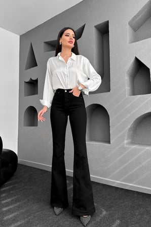 Trend Jean Yüksek Bel Ispanyol Paça Siyah Jeans Kot Pantolon-Siyah