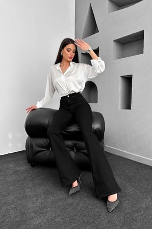 Trend Jean Yüksek Bel Ispanyol Paça Siyah Jeans Kot Pantolon-Siyah
