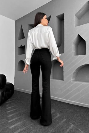 Trend Jean Yüksek Bel Ispanyol Paça Siyah Jeans Kot Pantolon-Siyah