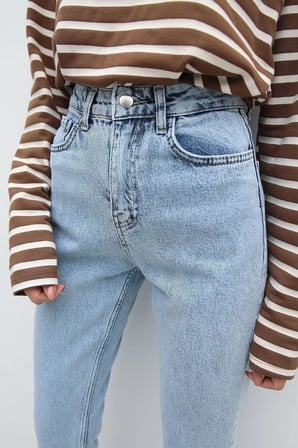 Yüksek Bel Kar Yıkama Buz Mavisi Mom Jean