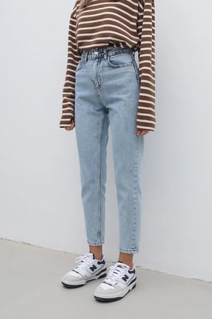 Yüksek Bel Kar Yıkama Buz Mavisi Mom Jean