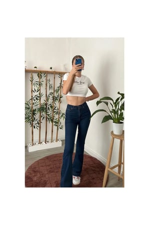Lina Koyu Mavi Ispanyol Paça Jeans Yüksek Bel Power Likra Kot Pantolon