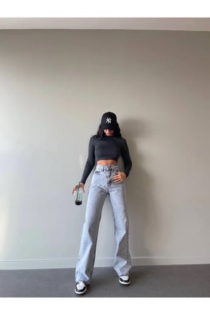 Likralı Salaş Kadın Mavi Kar Yıkama Süper Yüksek Bel Salaş Paça Denim Kot Pantolon