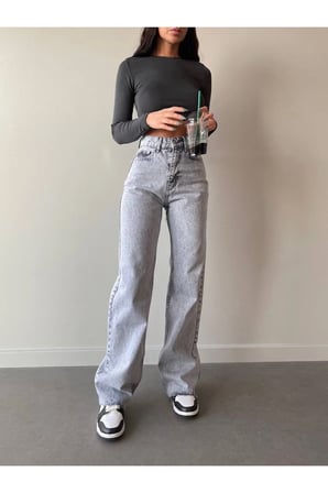 Likralı Salaş Kadın Mavi Kar Yıkama Süper Yüksek Bel Salaş Paça Denim Kot Pantolon
