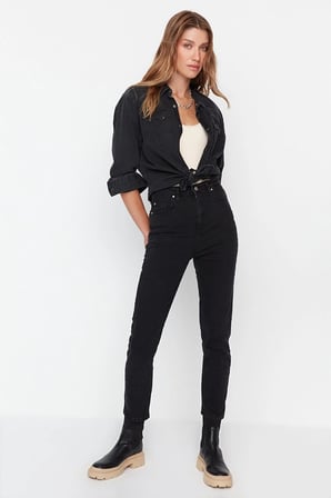 Siyah Likralı Mom Jean Pantolon Mom Jean