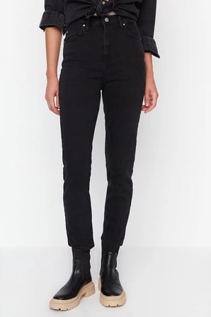 Siyah Likralı Mom Jean Pantolon Mom Jean