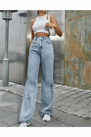 Caar 90's Kar Yıkama Mavi Likralı Süper Yüksek Bel Salaş Jeans Palazzo Pantolon