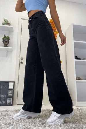 Lovely Siyah Solmaz Süper Yüksek Bel Kadın Salaş Jeans Palazzo Pantolon (1 beden büyük alınız)