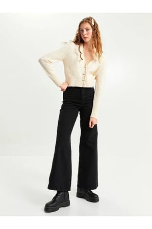 Nelson Fex Flowers Solmaz Siyah Likralı Bol Paça Jean Salaş Wide Leg Kot Pantolon (Yeni Sezon)