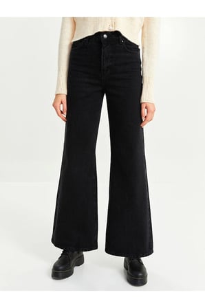 Nelson Fex Flowers Solmaz Siyah Likralı Bol Paça Jean Salaş Wide Leg Kot Pantolon (Yeni Sezon)