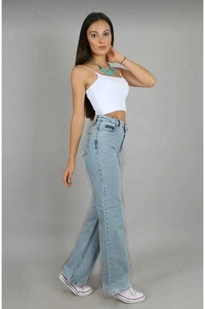 Lovely 90's Kar Yıkama Mavi Süper Yüksek Bel Kadın Salaş Jeans Palazzo (1 beden büyük alınız)
