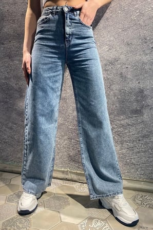 Kadın Mavi Orta Kar Süper Yüksek Bel Salaş Paça Denim Kot Salaş Pantolon Beeke111