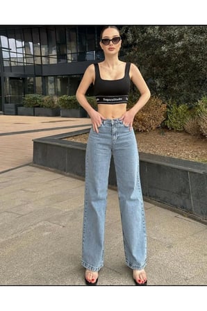 Kadın Mavi Yüksek Bel Geniş Paça Bol,salaş Palazzo Jeans
